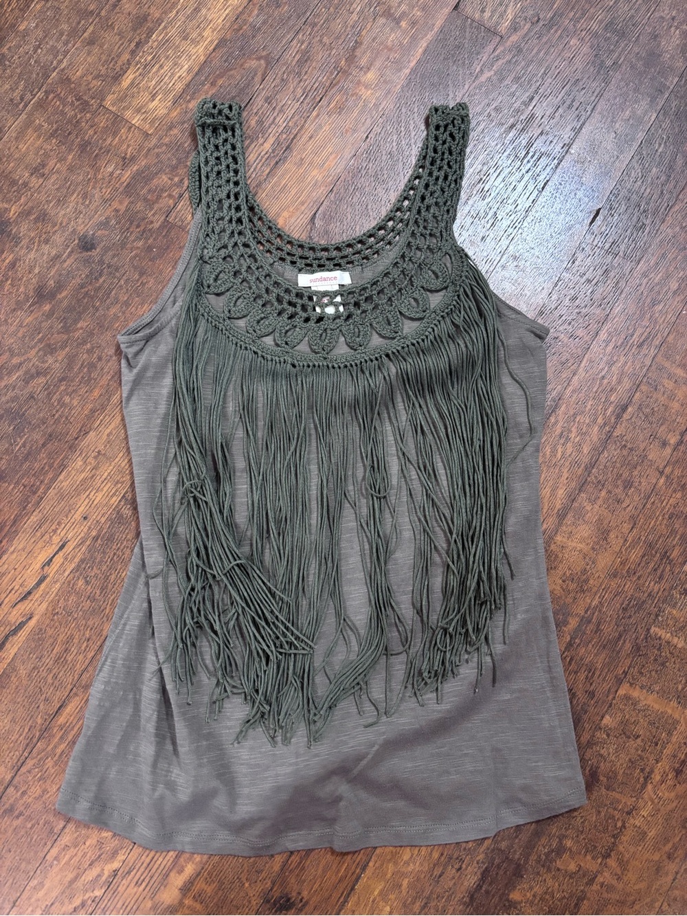 Sundance Crochet Fringe Tank Top Medium Olive Green Boho Western Festival